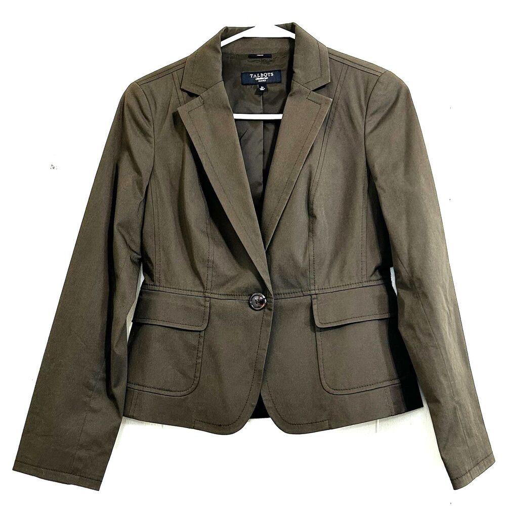 Talbots Women’s Olive Blazer Size 2 Petites One Button Closure Stretch Cotton